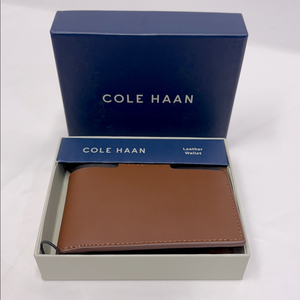 NWT Cole Haan Tan Leather Card Holder style tan brown men’s wallet Bifold
